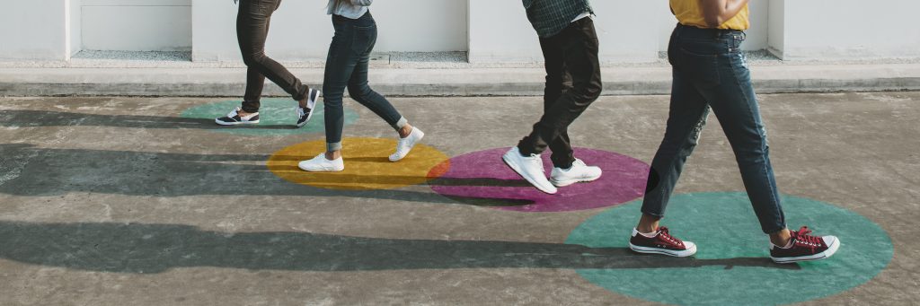 People walking with social distancing in public mockup